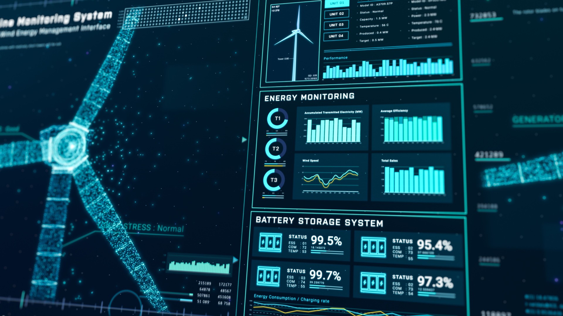 Futuristic wind turbine energy control center interface design, digital data network battery management system, green renewable power technology software, engineering iot HUD information 3d rendering