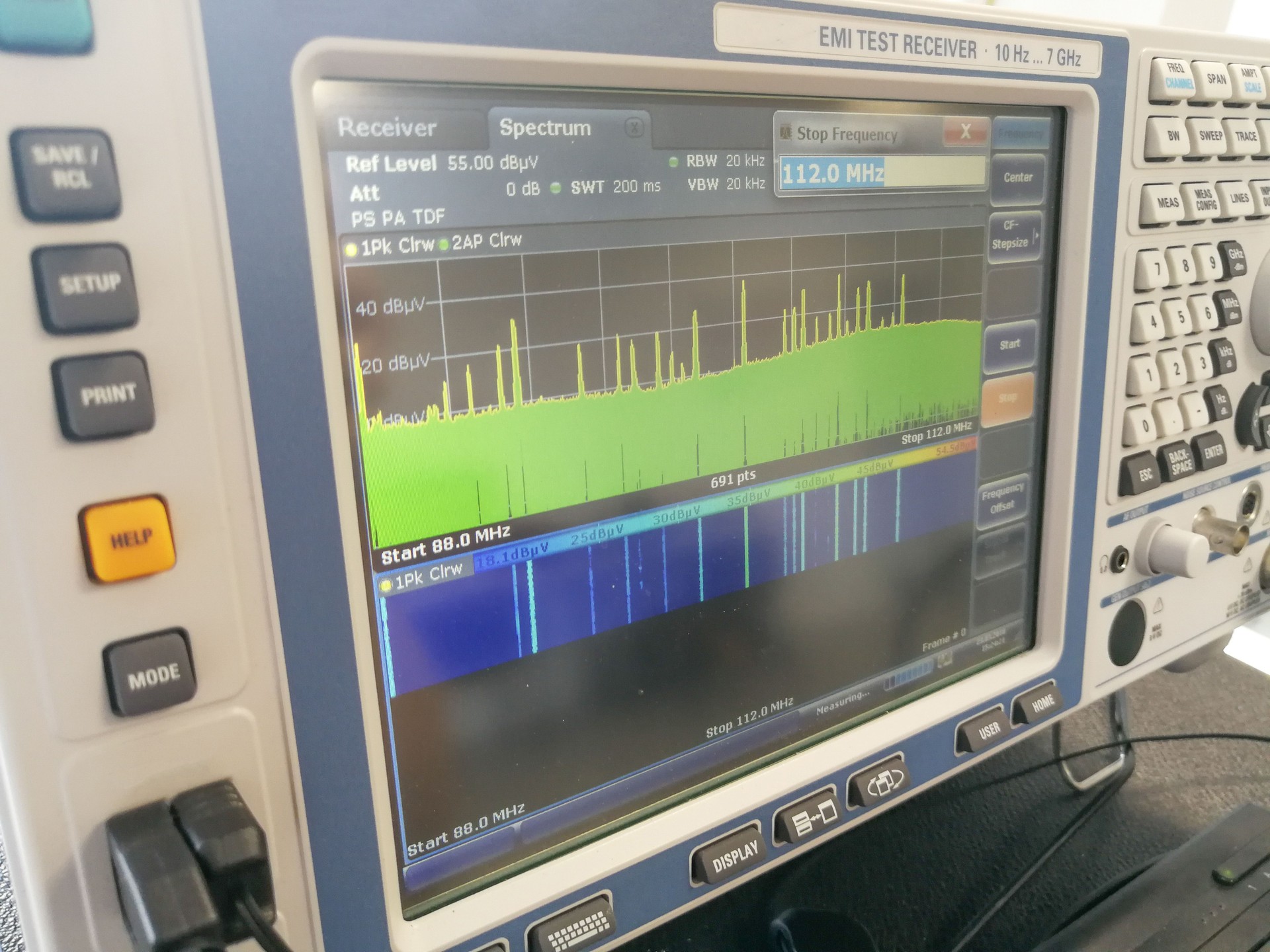 Close up of EMI test receiver spectrum during EMC measurements